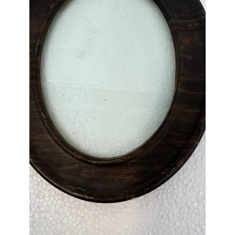 Vintage 1940s Faux Wood Tin Oval Picture Frame w Glass Round Art Deco Metal 6x8